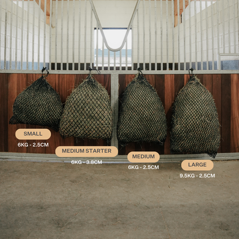Knotless hay net for horses, designed for gentle slow feeding and improved digestive comfort.