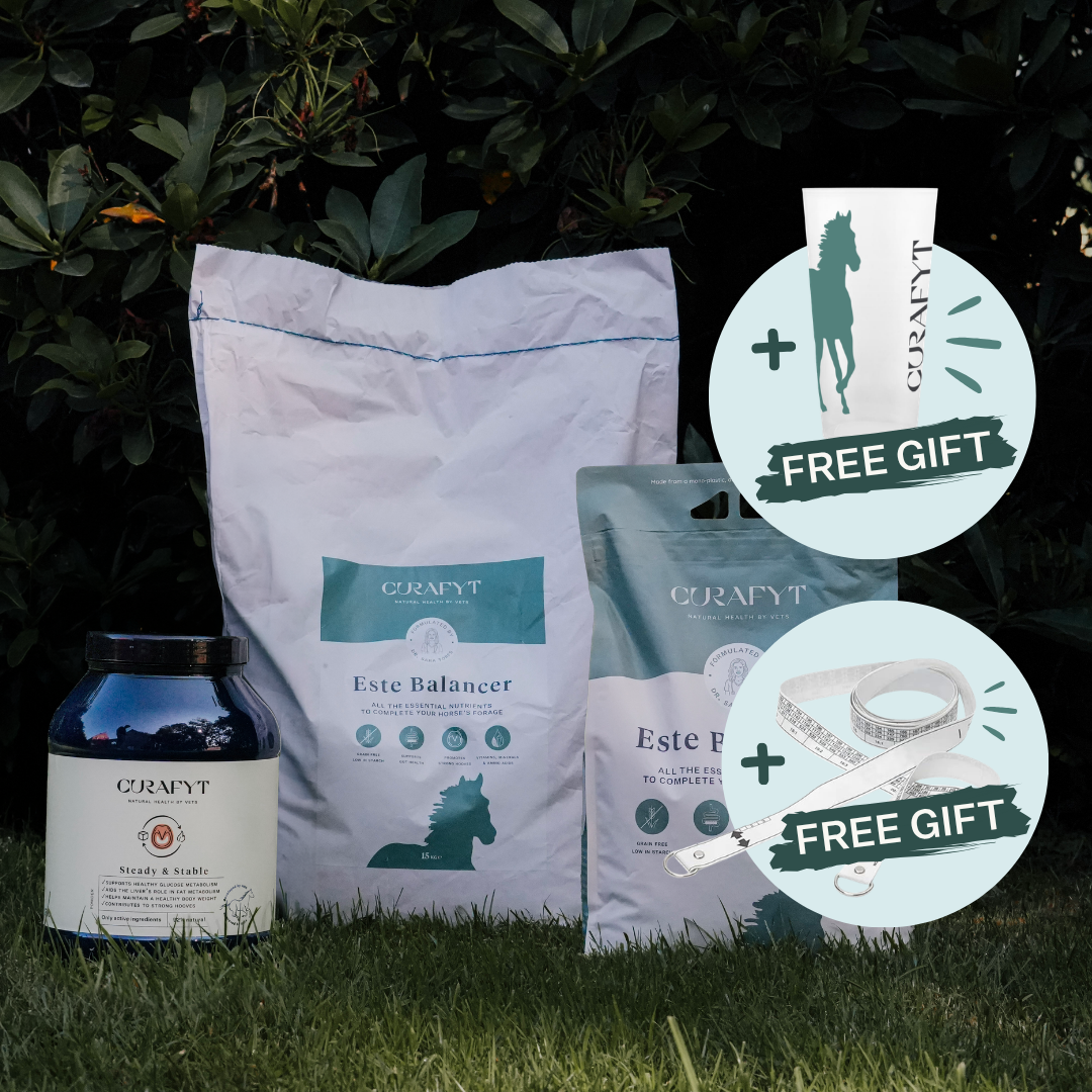 ESTE Balancer 15 kg and 7.5 kg bags and a 1500 g jar of Steady & Stable on the grass, with a free dosage cup and a free weighband