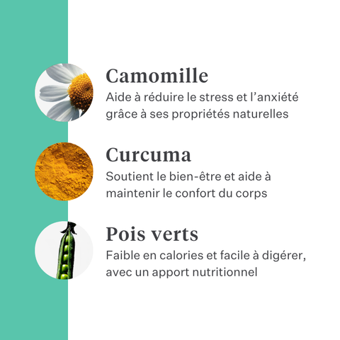 Imby Bed Time snacks apaisants pour chiens, biscuits végétaux à la camomille et au curcuma, soutiennent la relaxation et le calme, aident à apaiser les chiens et à soutenir la santé des articulations, friandise naturelle pour un repos nocturne paisible, snack très appétent. | localization: FR
