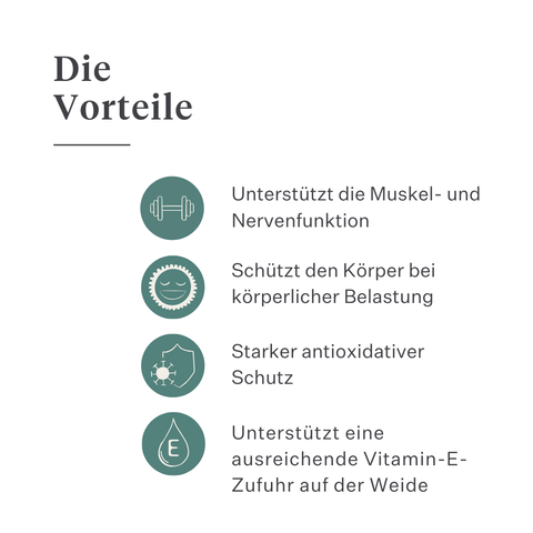 Flüssiges Vitamin-E-Ergänzungsfuttermittel für Pferde, unterstützt die Muskelfunktion, die Nervengesundheit und den antioxidativen Schutz, hoch bioverfügbare Flüssigformel mit natürlichen Inhaltsstoffen. | localization: DE
