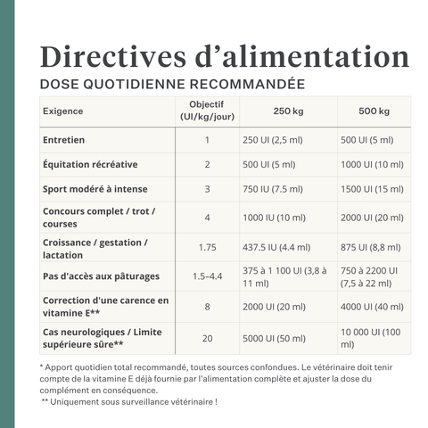 Complément Vitamin E liquide pour chevaux, soutient la fonction musculaire, la santé nerveuse et la protection antioxydante, formule liquide hautement biodisponible à base d’ingrédients naturels. | localization: FR